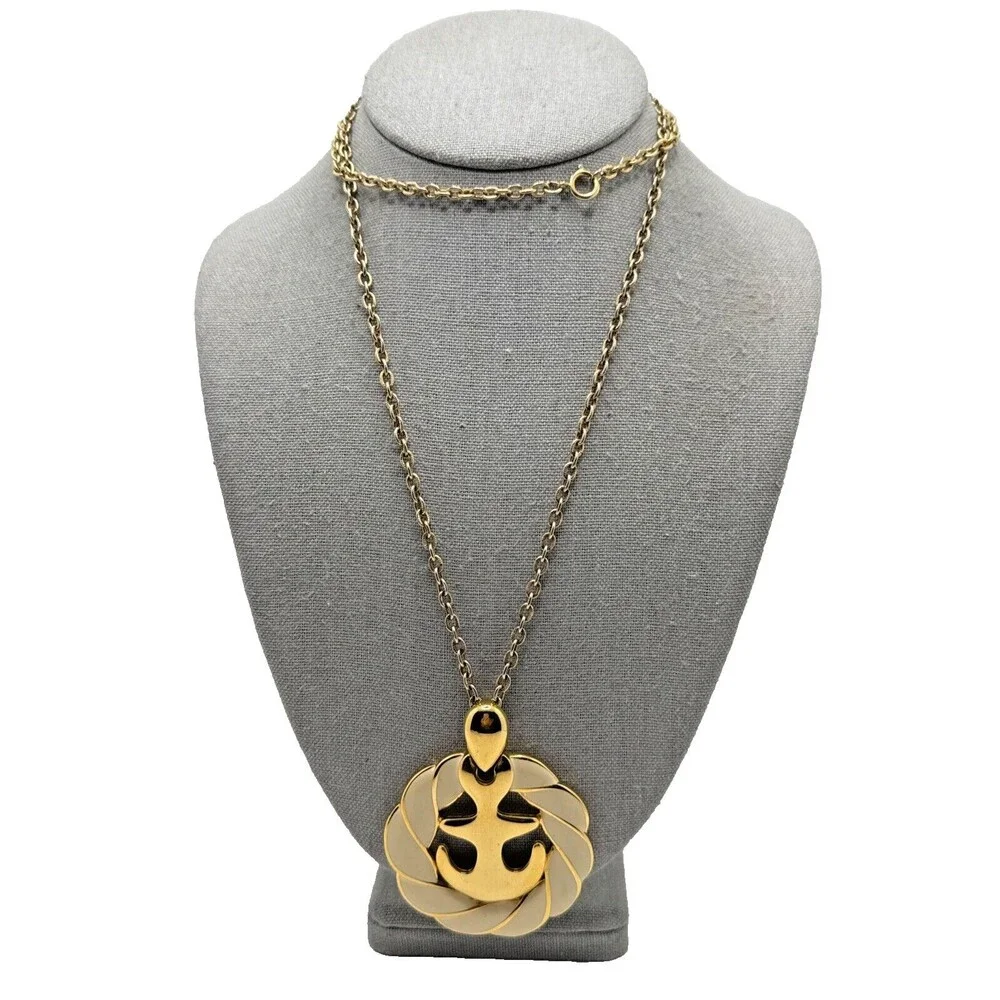 Vintage NAPIER Anchor Pendant Necklace Gold Tone Enamel Nautical Navy Signed 32